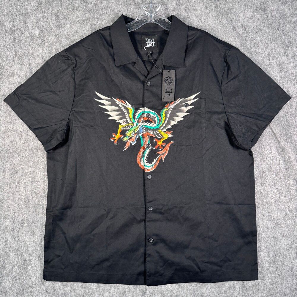 Ed Hardy Tattoo Shirt Mens XL Black Short Sleeve Camp Dragon NWT - Picture 2 of 11